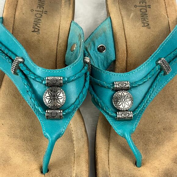 Minnetonka Turquoise Leather Concho Thong Sandals Size 9 Slip-On Comfort Casual - Picture 6 of 8